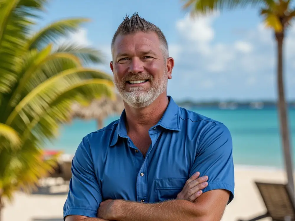 Ben Paulsen in a blue shirt with arms crossed stands on a sunny beach, palm trees and ocean in the background.